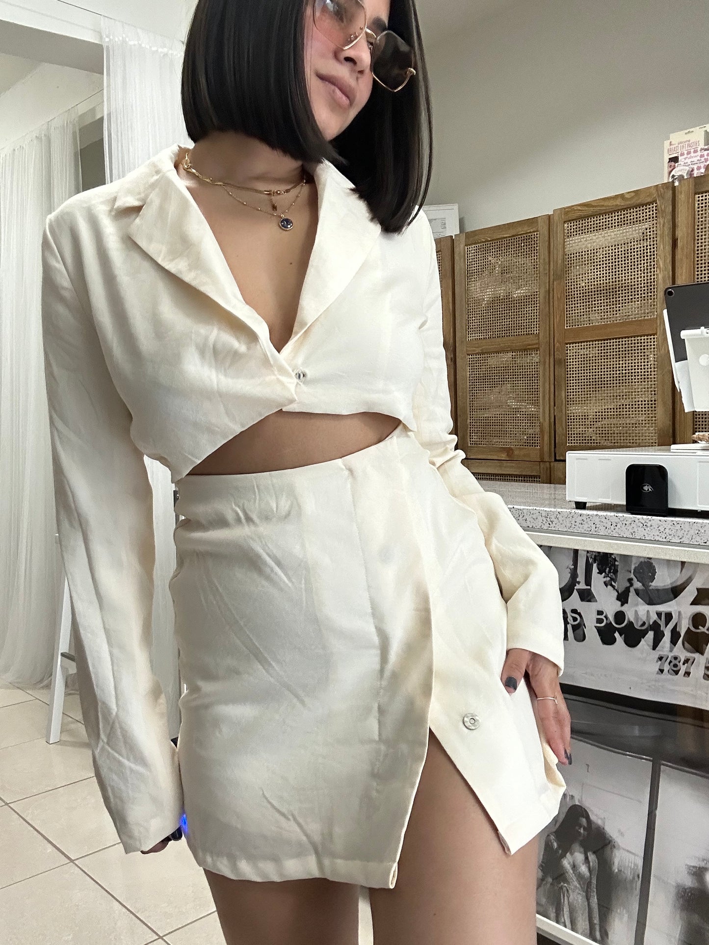 cream crop jacket dress