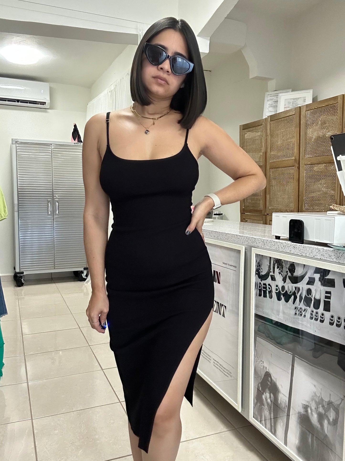 black open slit midi dress