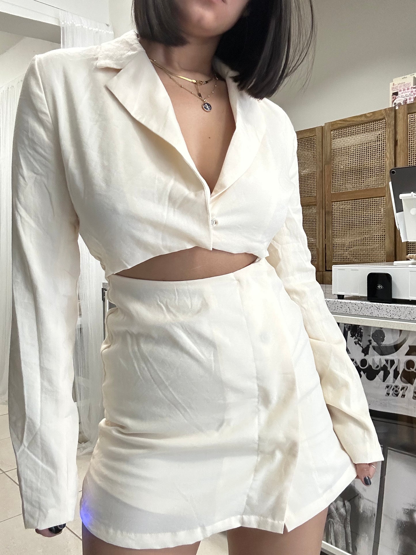 cream crop jacket dress