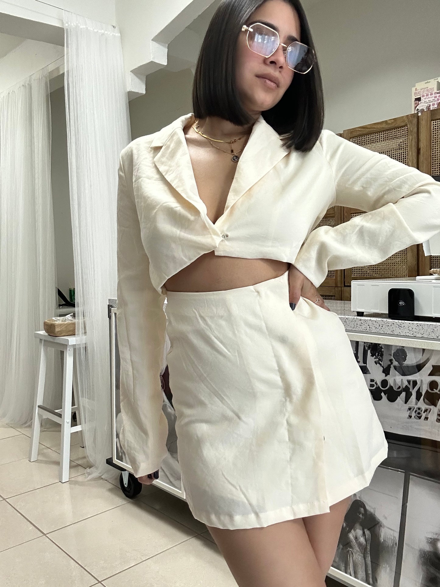 cream crop jacket dress