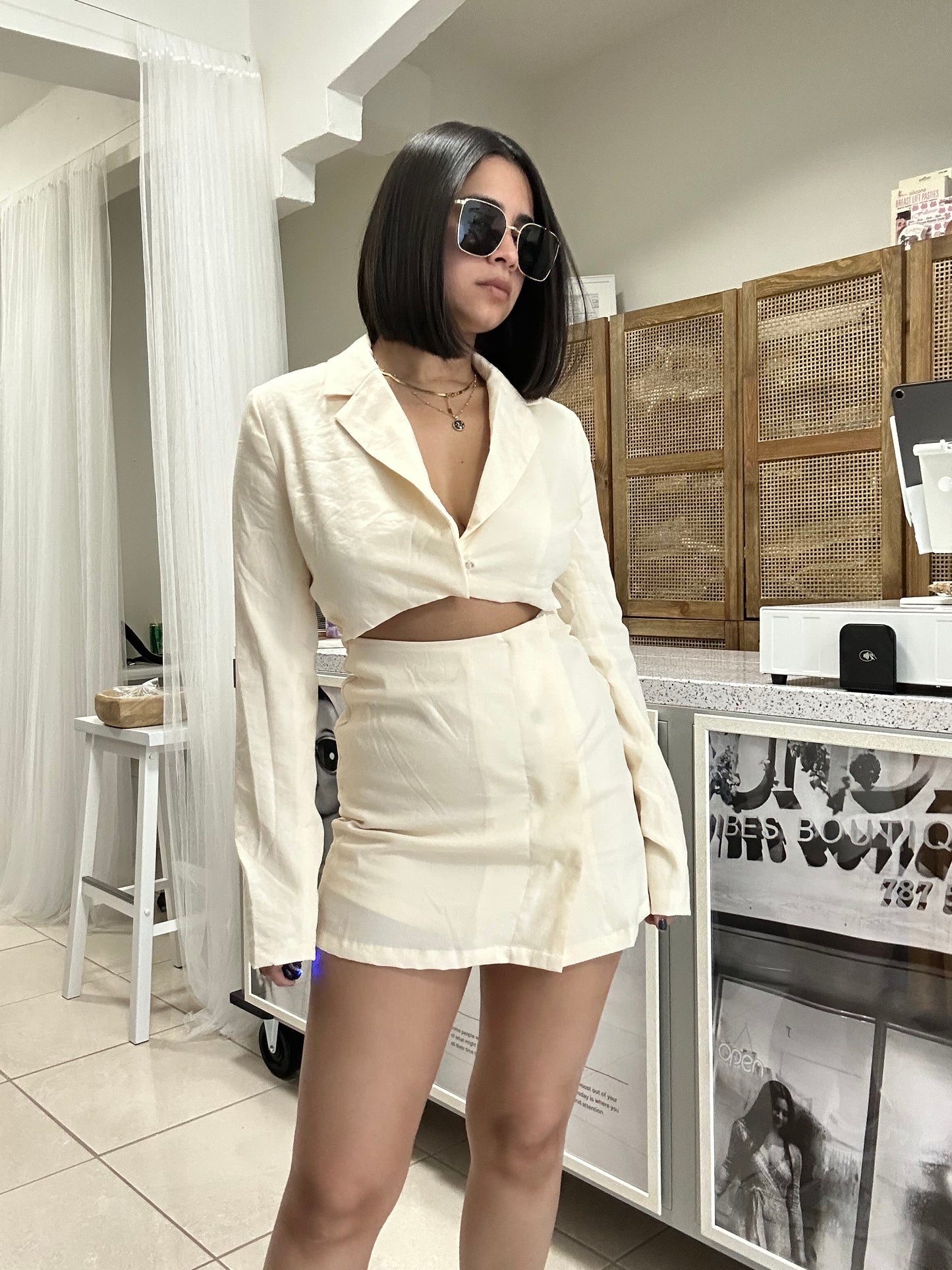 cream crop jacket dress