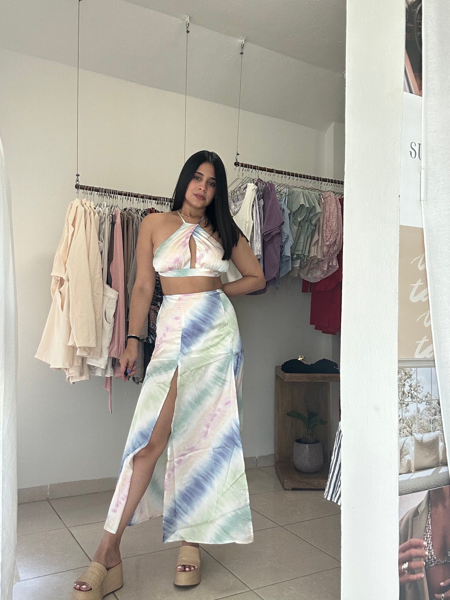 colorful open slit maxi skirt and top set