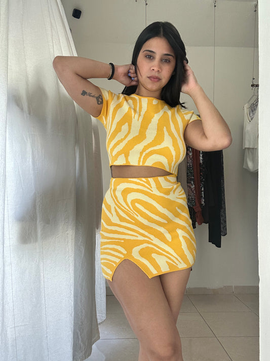 yellow zebra mini skirt set