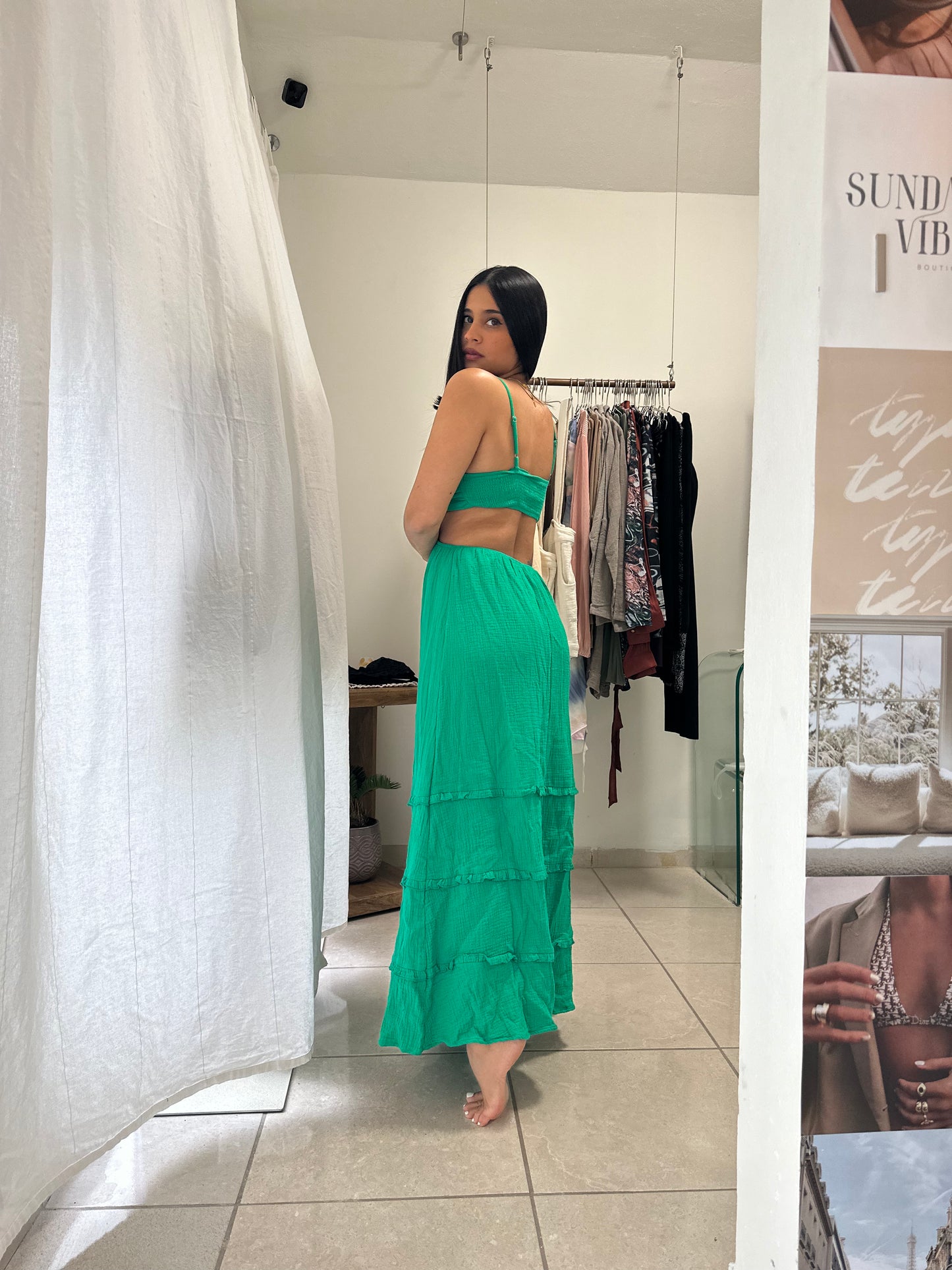 Emerald green cutout detail maxi dress