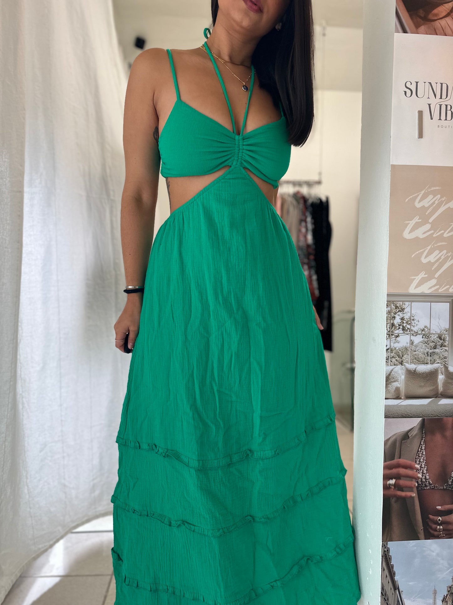 Emerald green cutout detail maxi dress