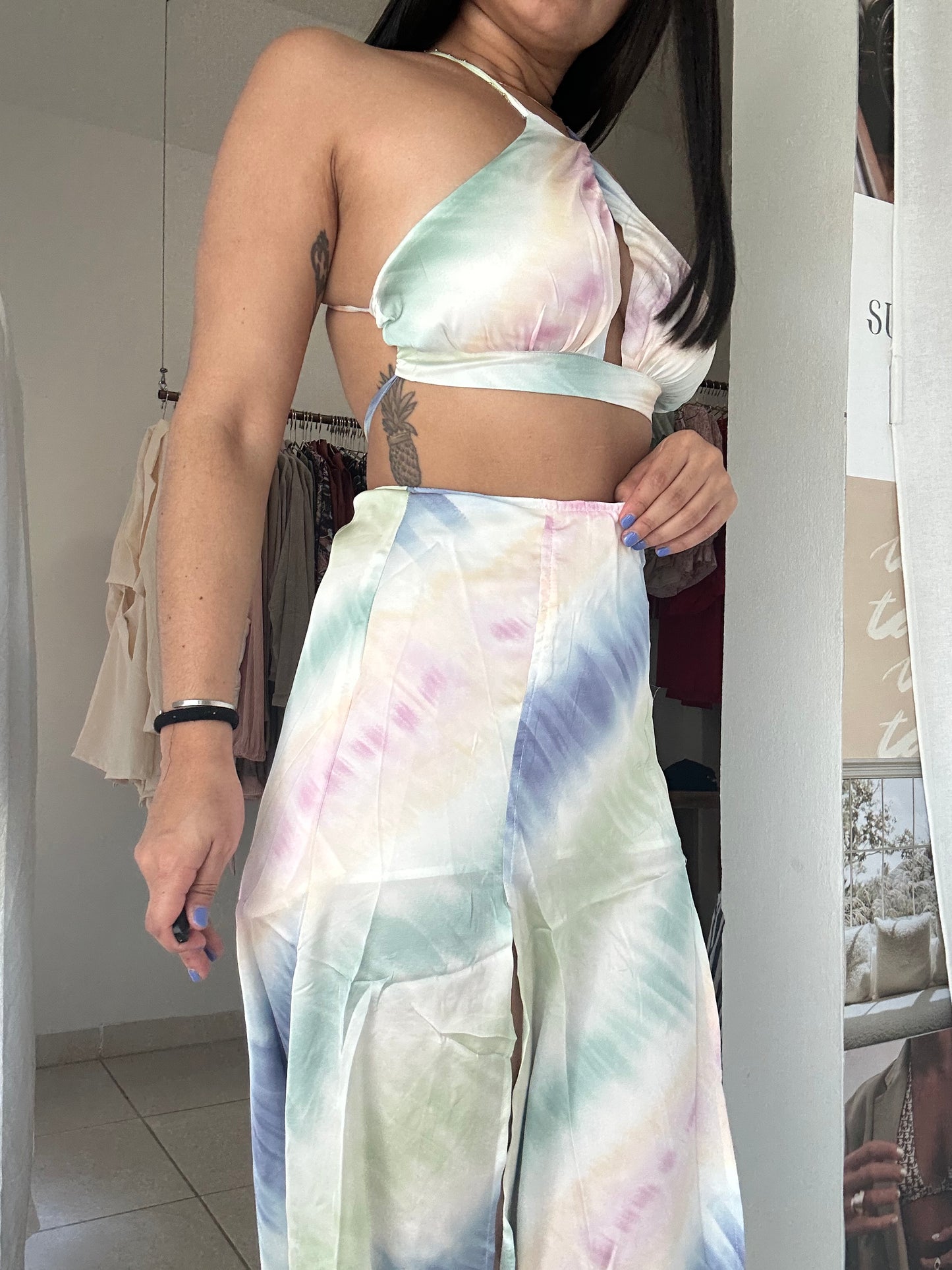 colorful open slit maxi skirt and top set